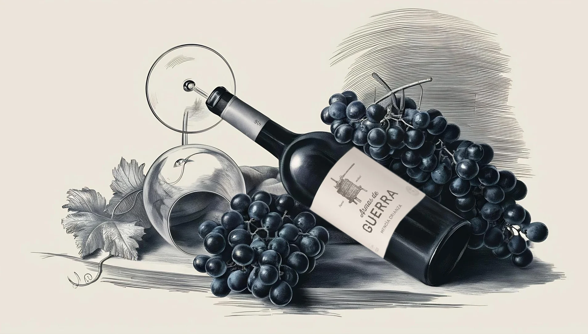 dibujo de botella de armas guerra junto a racimos de uvas