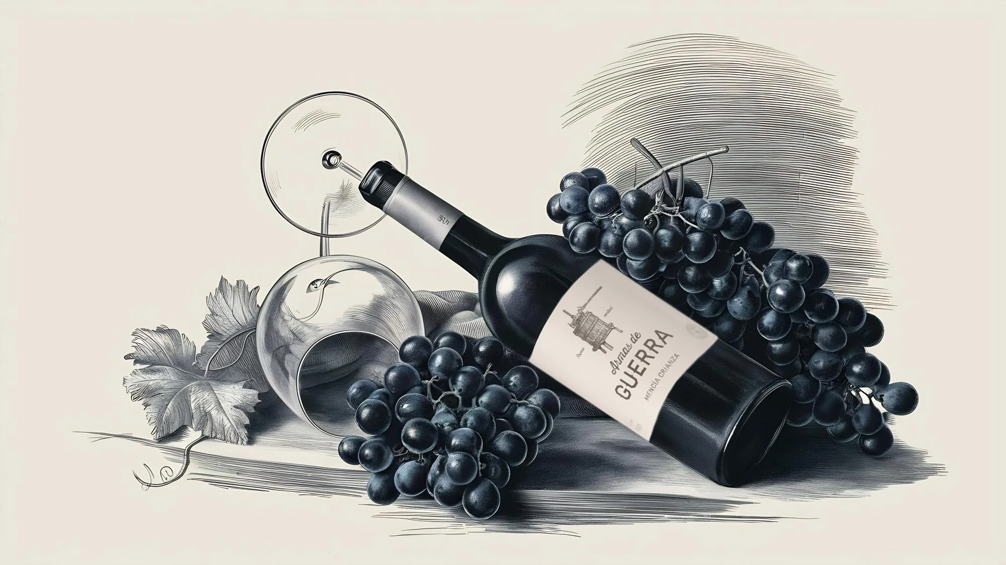 dibujo con botella de armas de guerra mencia crianza y racimos de uvas
